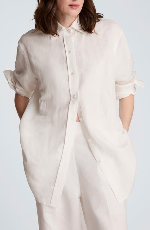Long Linen Blend Button-Up Shirt
