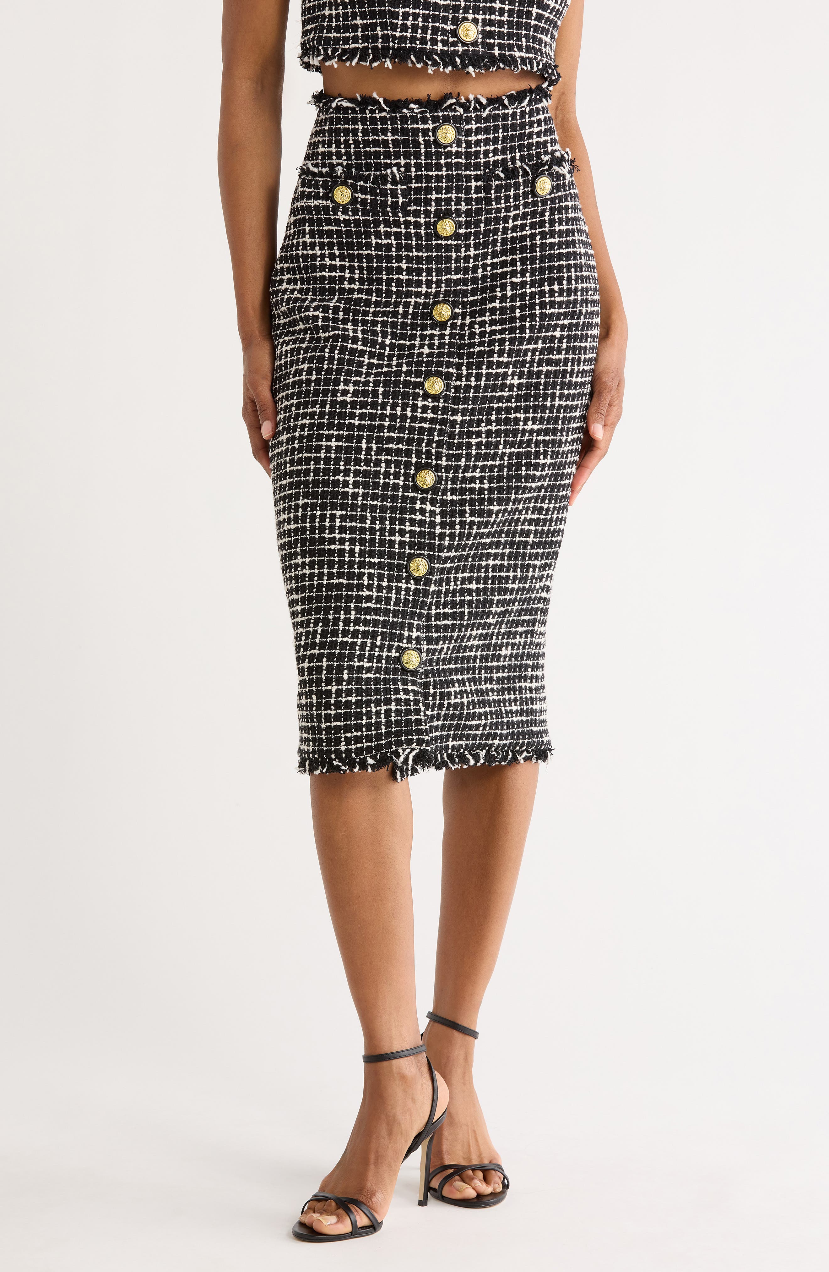 L'AGENCE Tai Snap Front Tweed Midi Skirt