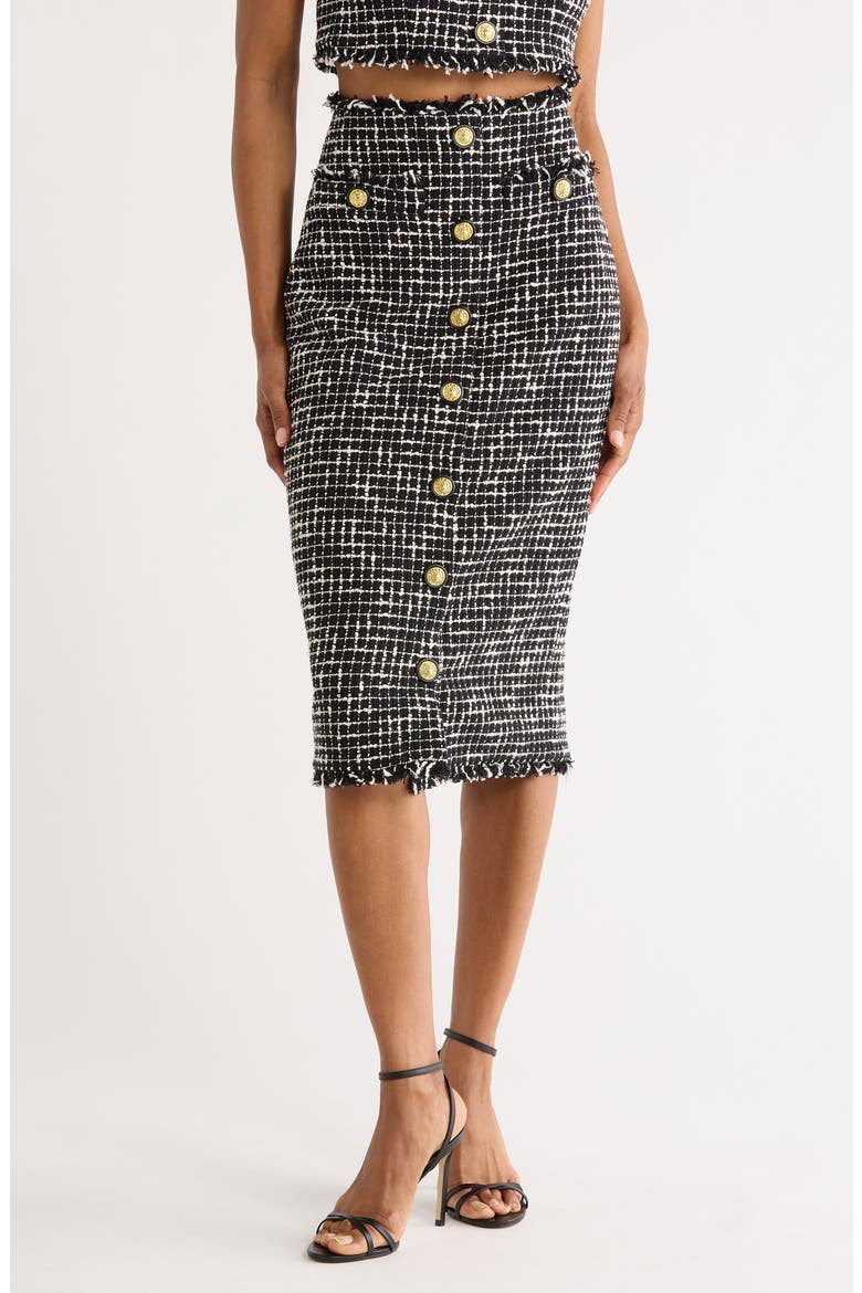 Tai Snap Front Tweed Midi Skirt, Main, color, BLACK/ ECRU