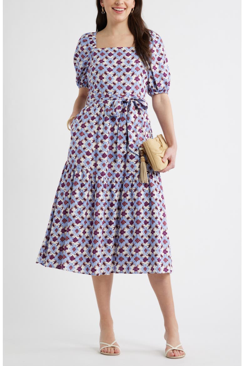 Puff Sleeve Linen Blend Midi Dress, Alternate, color, IVORY- PURPLE MILLIE TILE