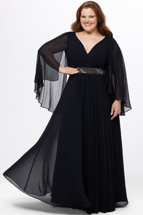 Long Cape Sleeve V-Neck Plus Size Dress