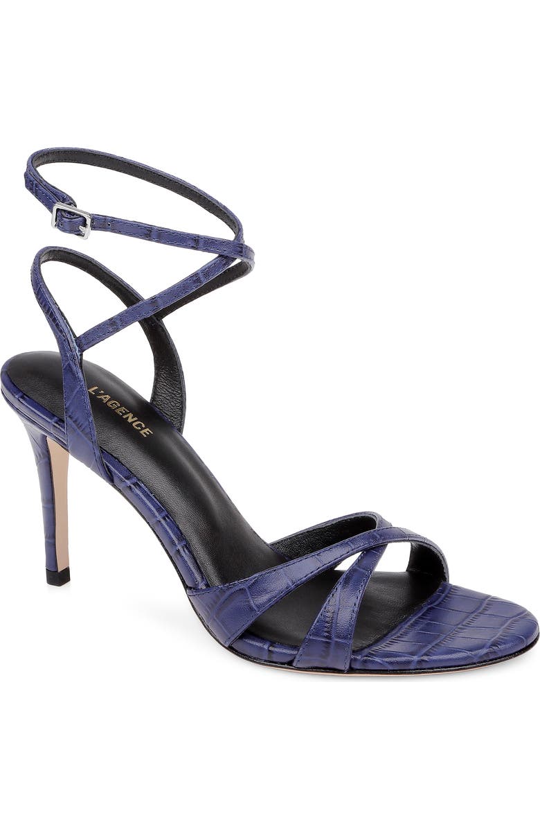 L'AGENCE Miranda Ankle Strap Sandal, Main, color, Midnight Croco Embossed