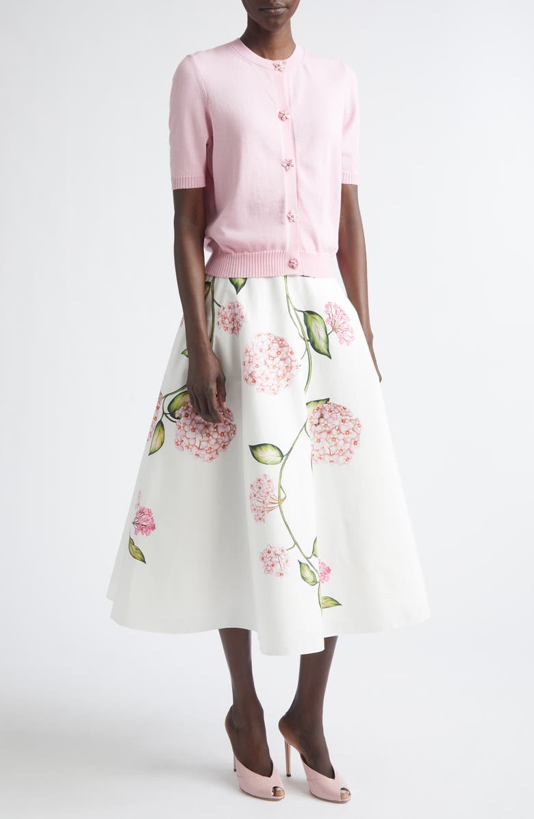 Oscar de la Renta Porcelain Flowers Stretch Cotton Poplin A-Line Midi Skirt, Alternate, color, Pink/ White