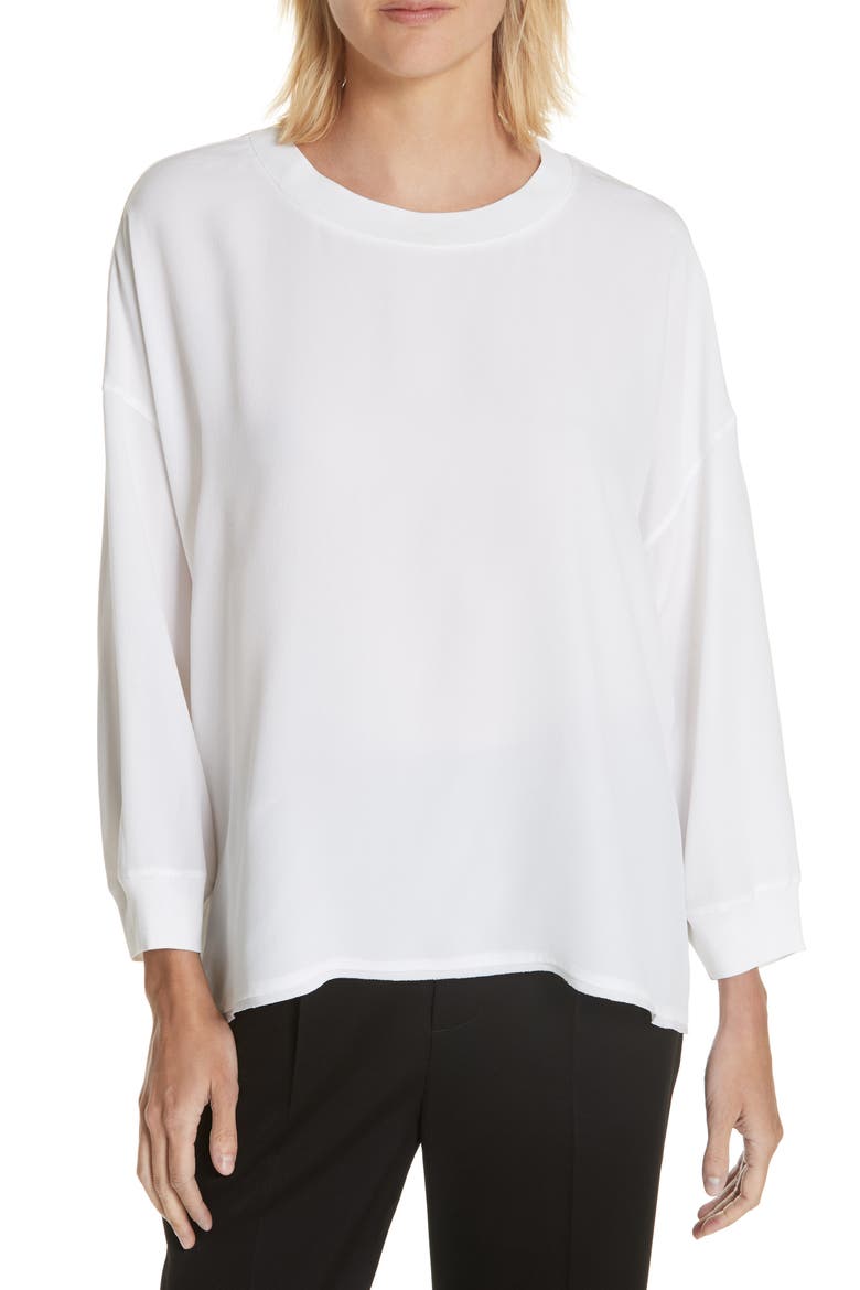 Rib Trim Silk Blouse, Main, color, OPTIC WHITE