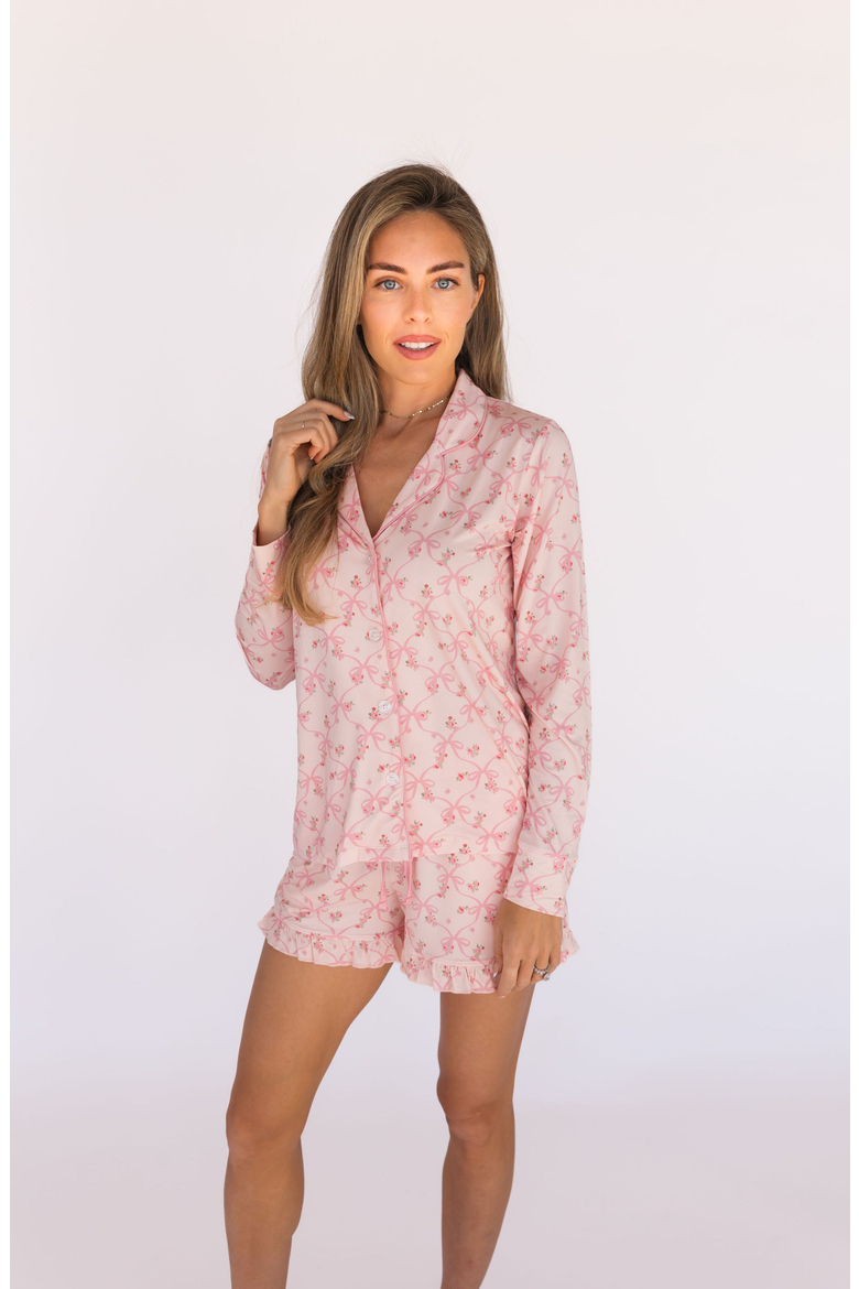 Rosie Bow Long Sleeve Short Set Sleepwear, Main, color, Blush Pink