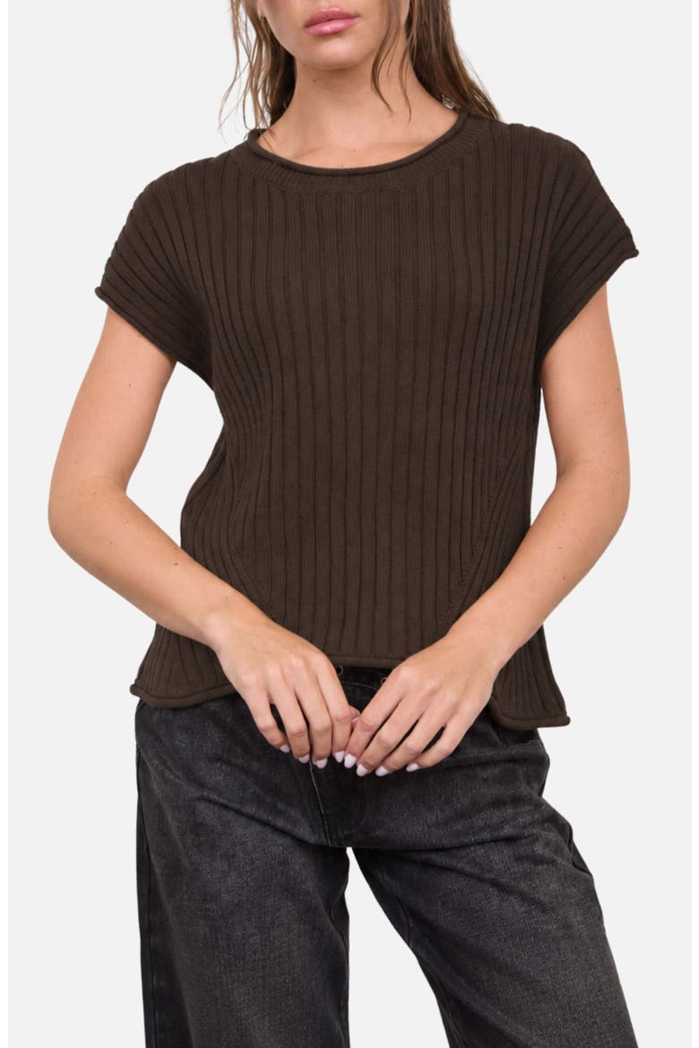 Short Sleeve Ribbed Sweater, Main, color, BROWN