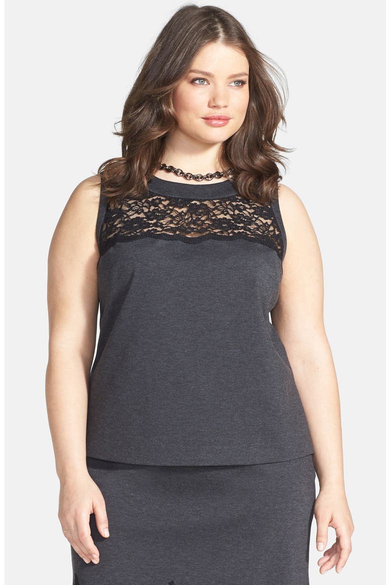 Lace Yoke Sleeveless Blouse, Main, color, DARK HEATHER GREY