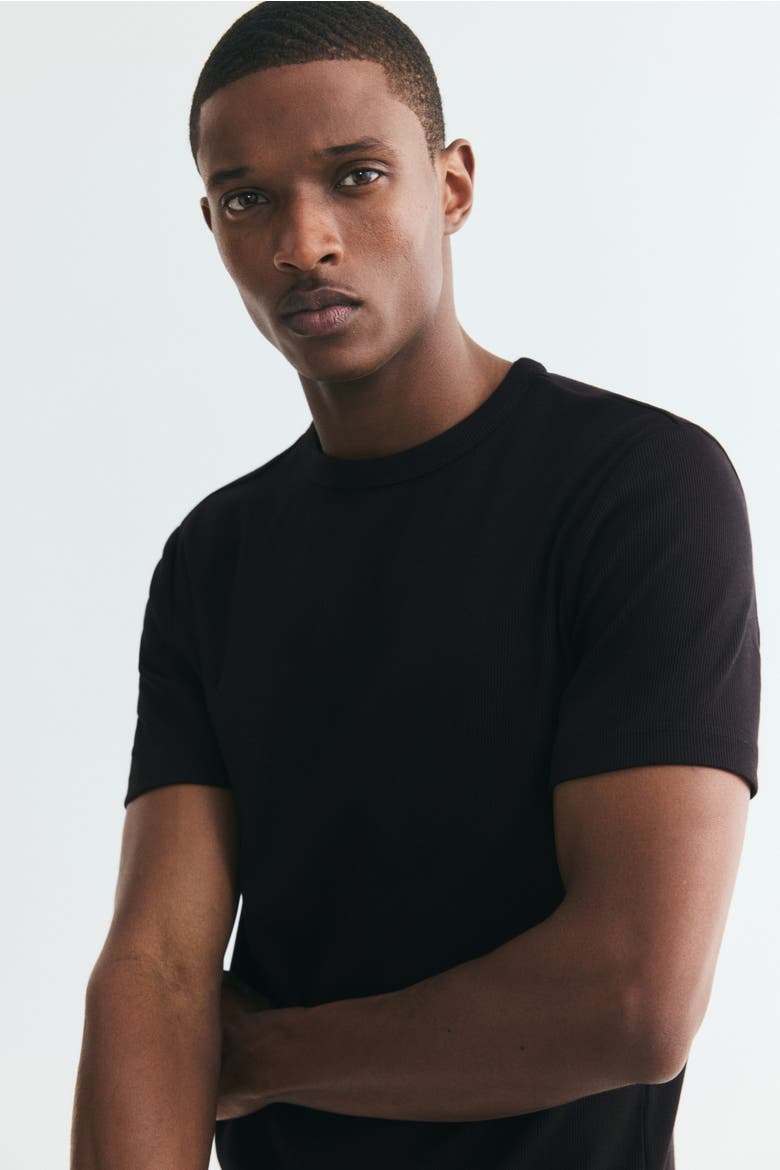Slim-Fit Ribbed T-Shirt, Alternate, color, Black