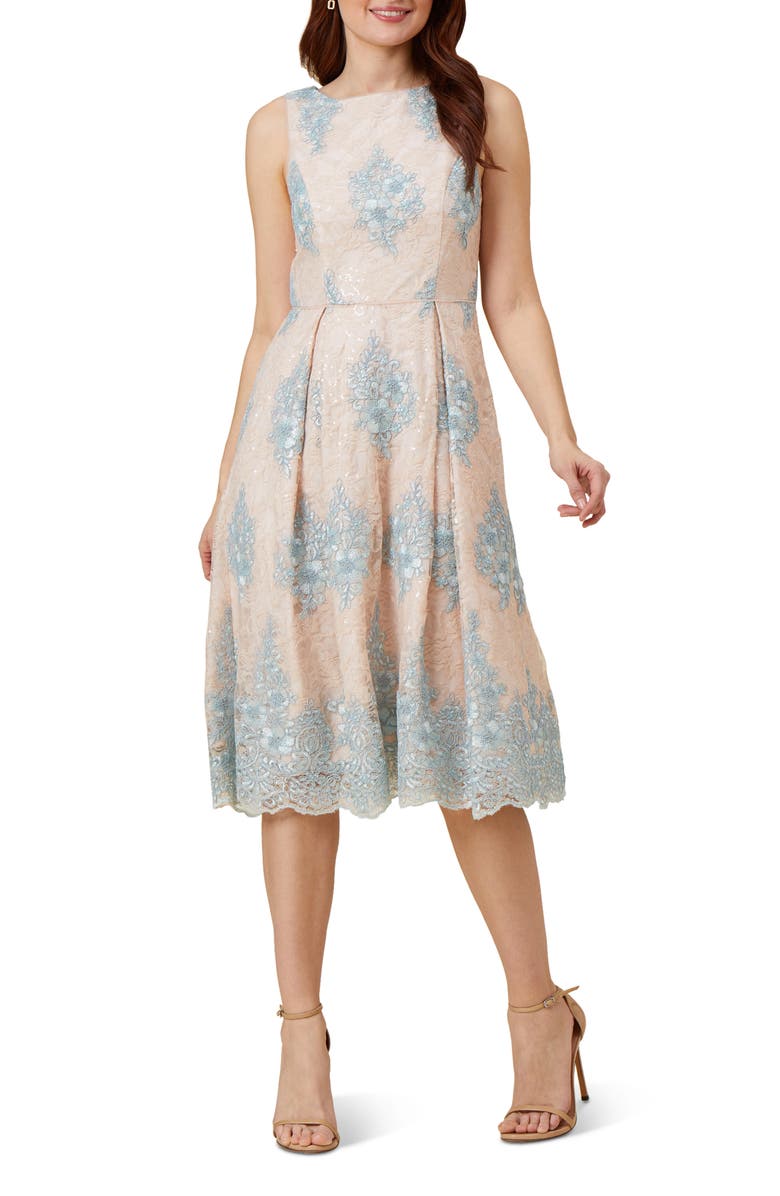 Adrianna Papell Floral Embroidered Midi Fit & Flare Dress, Main, color, 