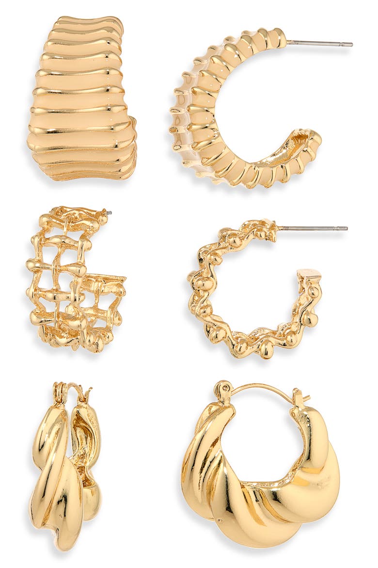 Set of 3 Textured Hoop Earrings, Main, color, GOLD/ NEUTRAL