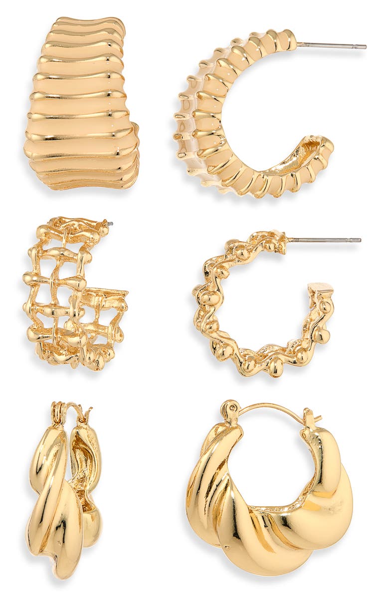 NATASHA Set of 3 Textured Hoop Earrings, Main, color, Gold/ Neutral