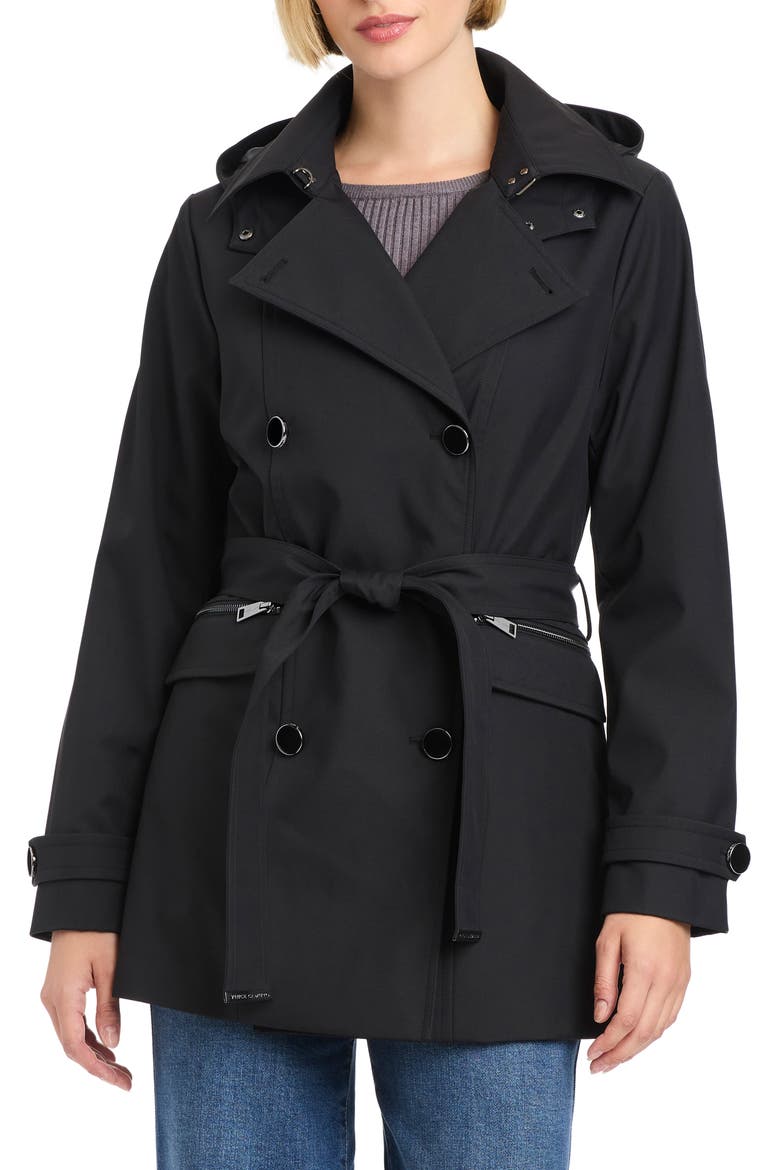 Double Breasted Hooded Trench Coat, Main, color, BLACK