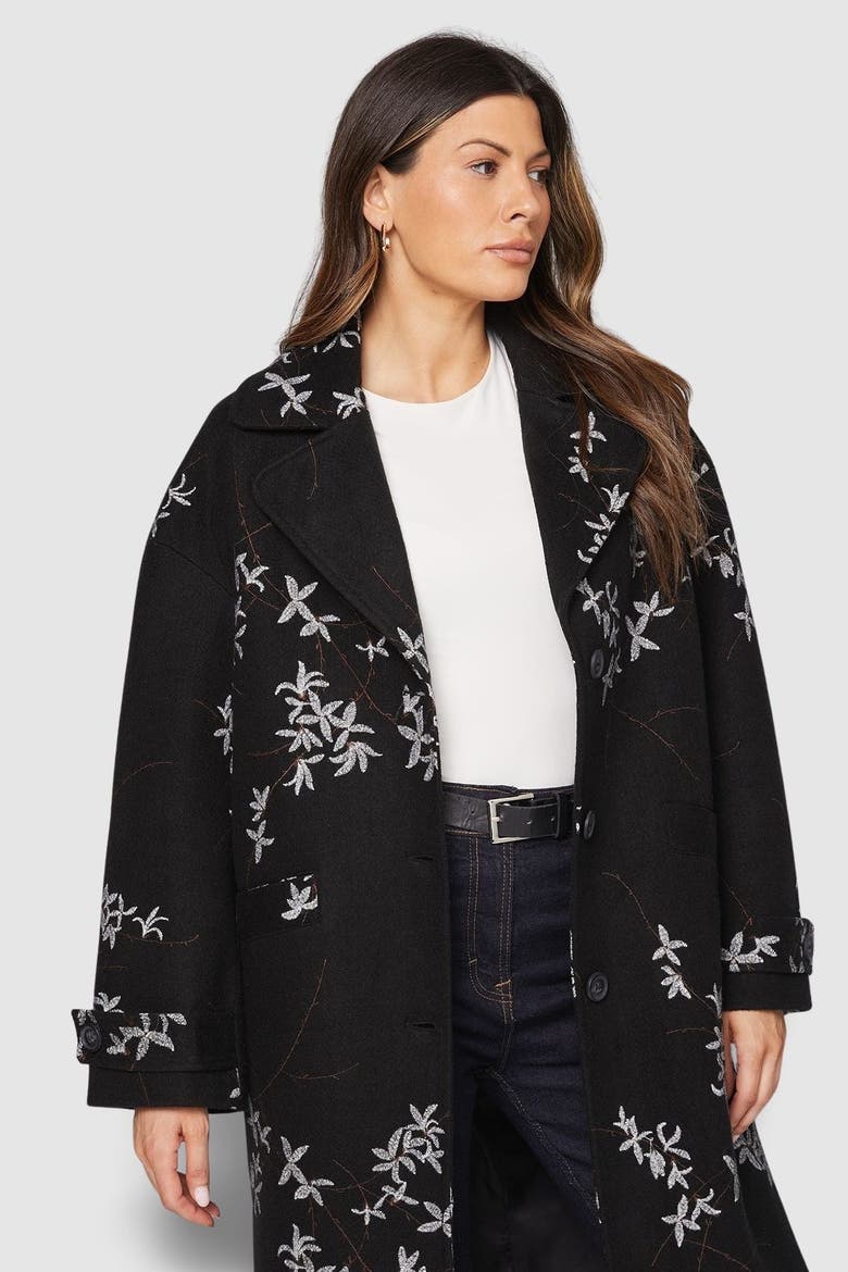 Floral Three Button Collared Coat, Alternate, color, Black