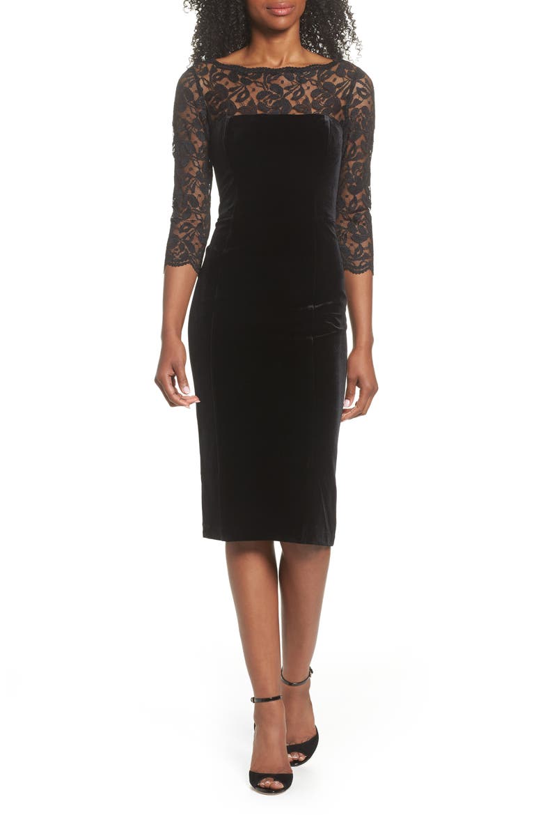 Lace & Velvet Sheath Dress, Main, color, BLACK