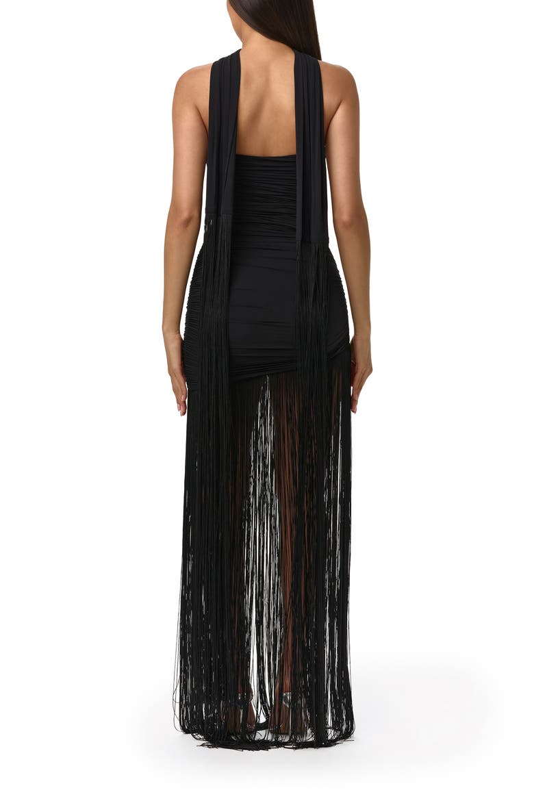 Fringe Hem Ruched Strapless Dress, Alternate, color, BLACK