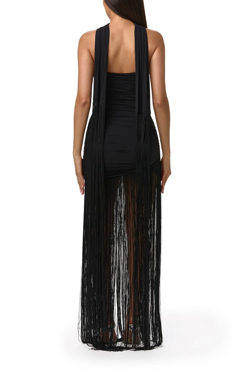 Naked Wardrobe Fringe Hem Ruched Strapless Dress, Alternate, color, Black