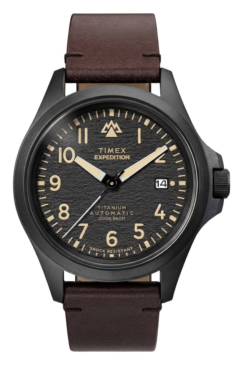Expedition North Field Post Automatic Leather Strap Watch, 41mm, Main, color, BROWN