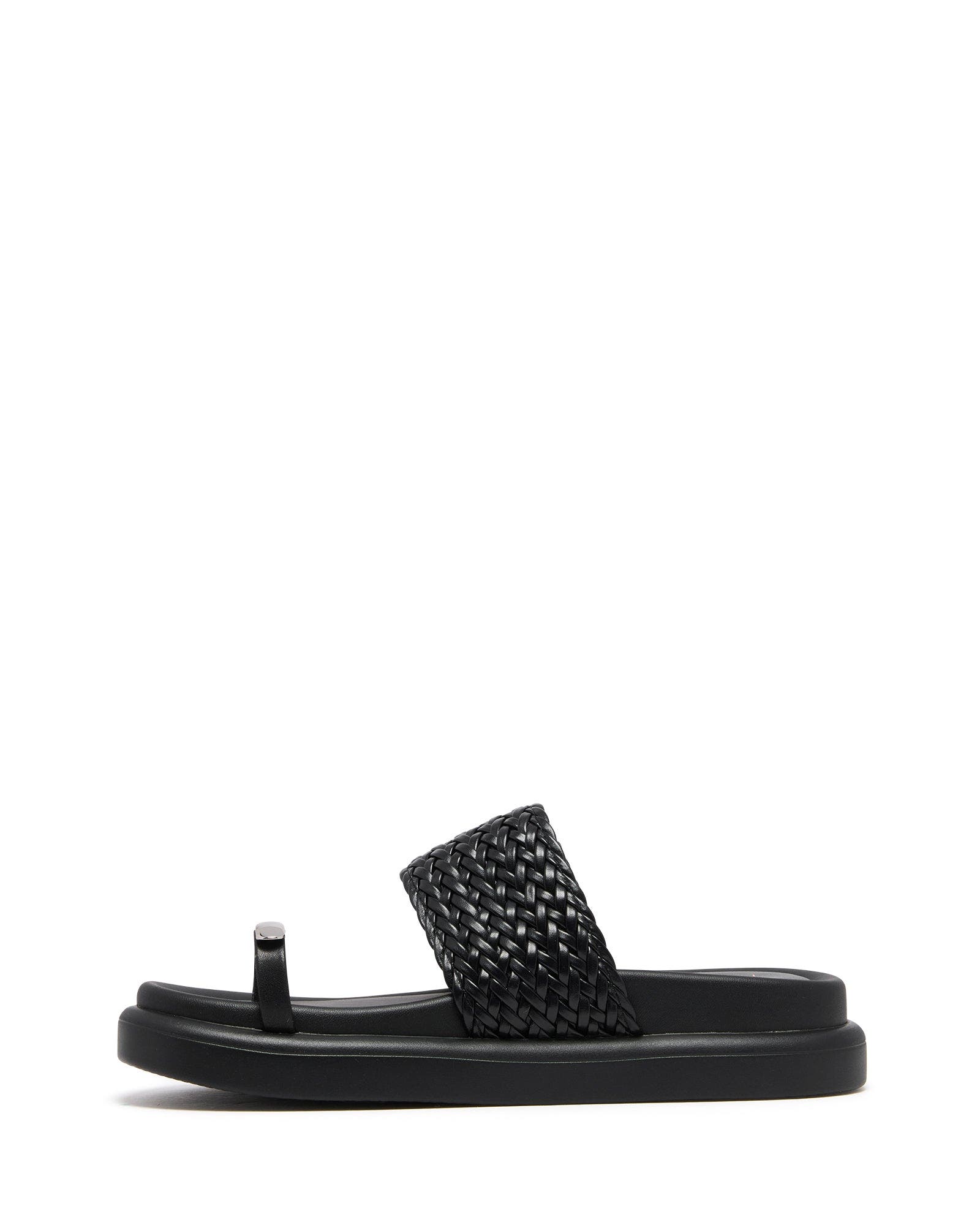 Prevail open round toe sandal, Alternate, color, Black Woven Pu