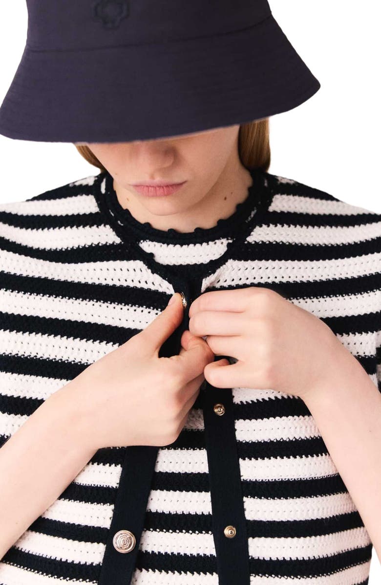 maje Crochet cropped cardigan, Alternate, color, White/Navy