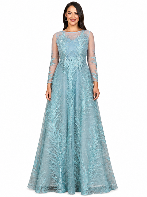 High Neck Sheer Long Sleeve Embellished Gown