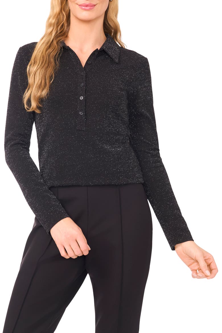 Jo Metallic Long Sleeve Polo, Main, color, RICH BLACK