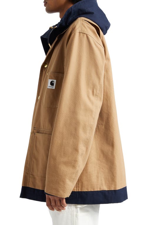 Sacai Carhartt Wip Reversible Cotton Canvas Coat In Beige/navy