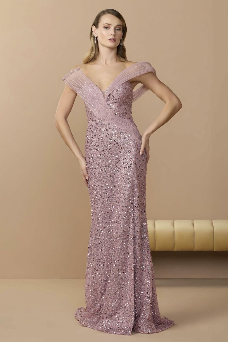 Sequin Gown With Sculptural Off-Shoulder Detail, Alternate, color, Blush