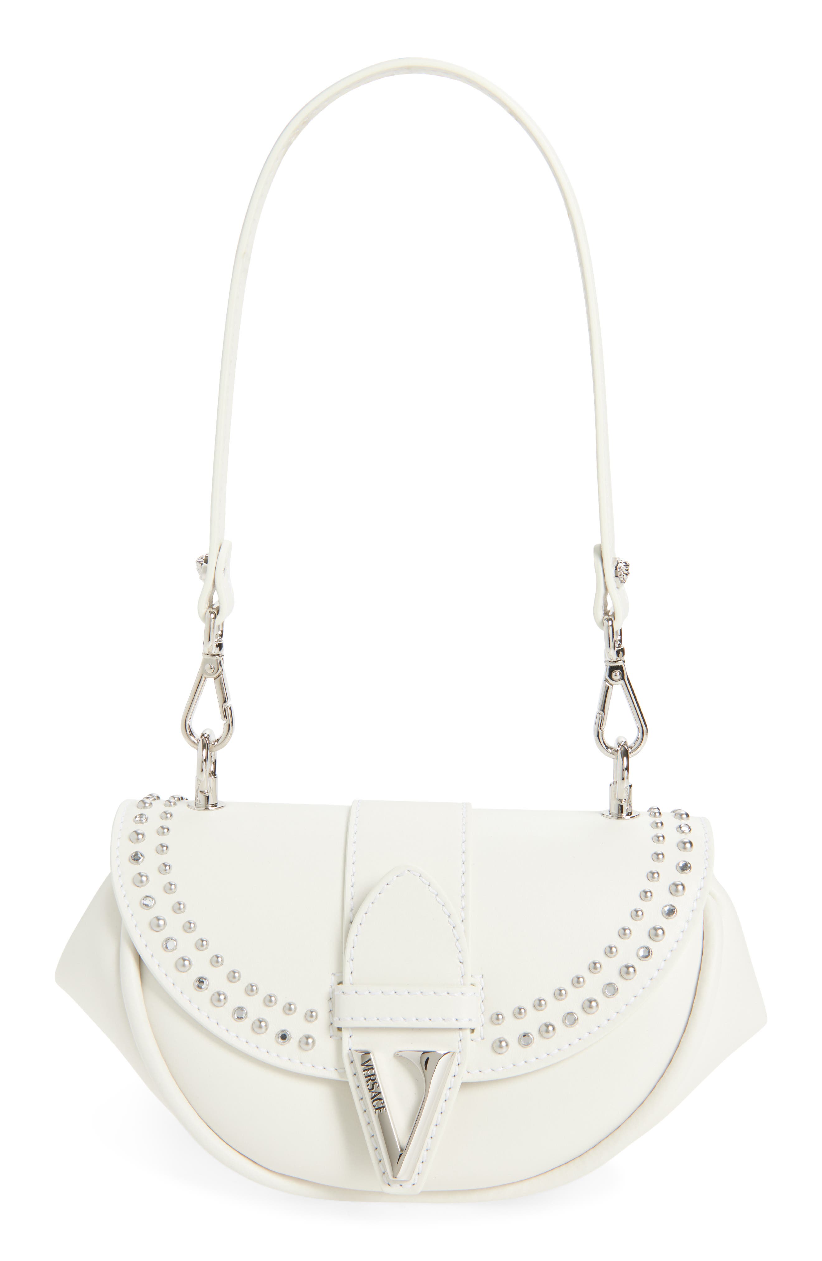 Versace Small Virtus Stud Embellished Leather Shoulder Bag, Main, color, Porcelain White-Pall