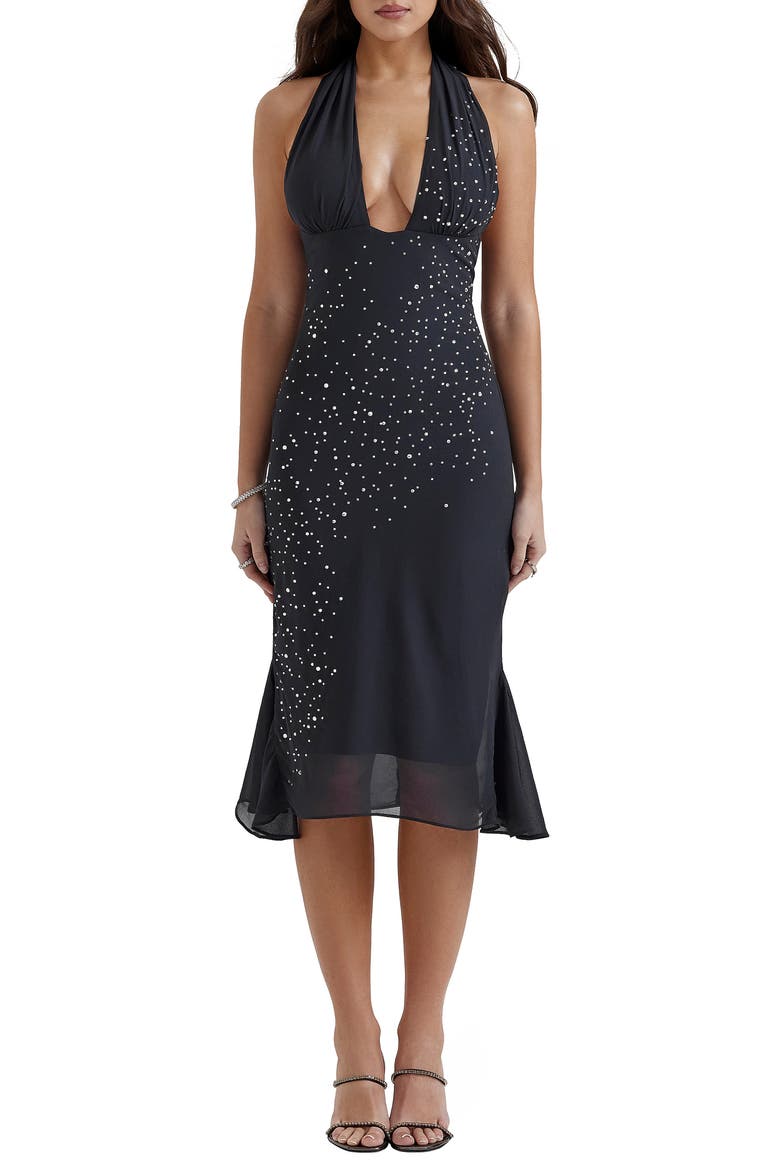 Jovanna Plunge Halter Midi Cocktail Dress, Main, color, NAVY