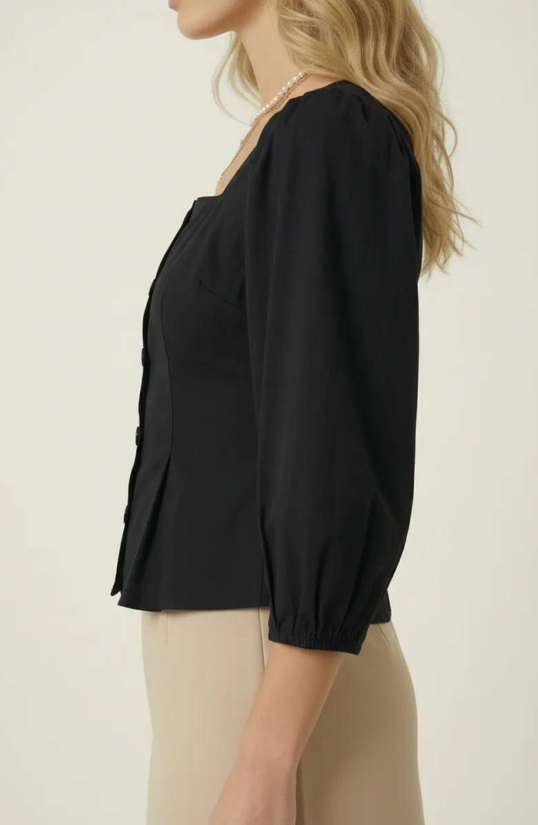 Modenaire Square Neck Long Sleeve Front Button Peplum Blouse, Alternate, color, Black