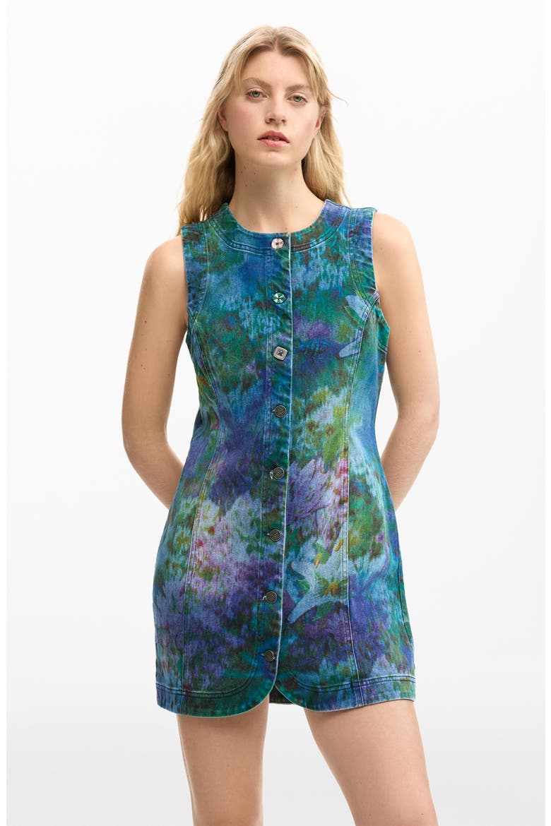 Floral Print Denim Minidress, Alternate, color, DARK BLUE