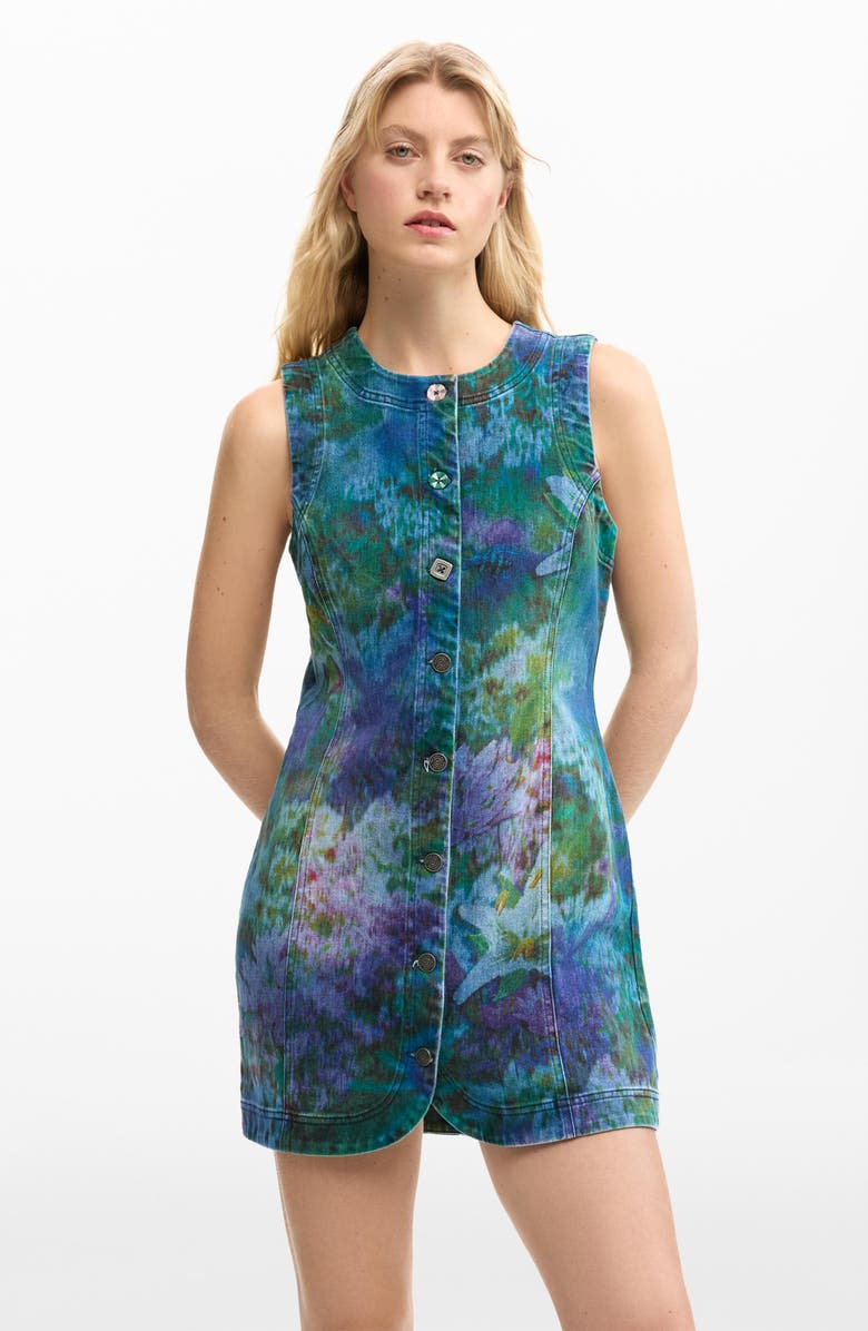 Desigual Floral Print Denim Minidress, Alternate, color, Dark Blue