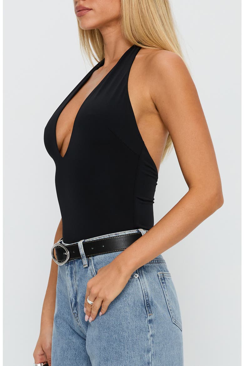 Kendrae Plunge Neck Halter Bodysuit, Alternate, color, BLACK