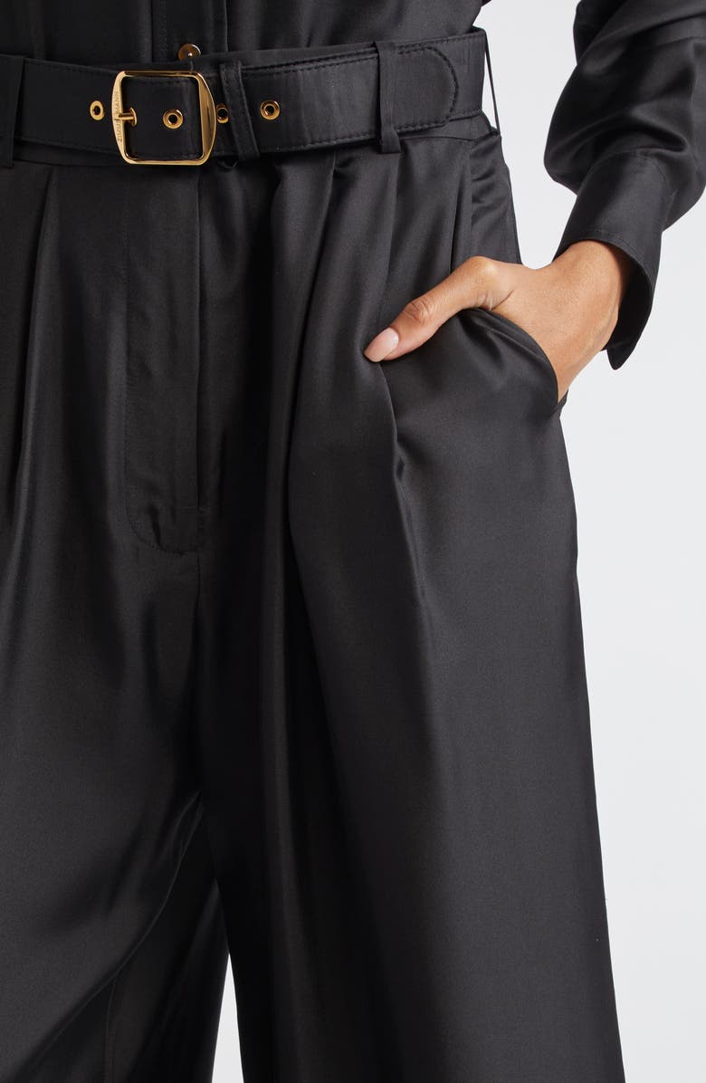 Zimmermann Belted Pleated Wide Leg Silk Trousers, Alternate, color, Black