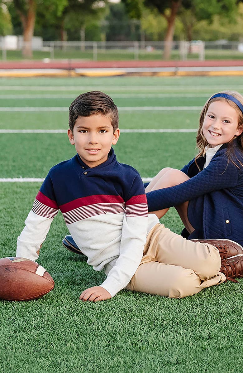 Hope & Henry Kids' Organic Long Sleeve Striped Shawl Collar Sweater, Alternate, color, Navy And Gray Chest Stripe