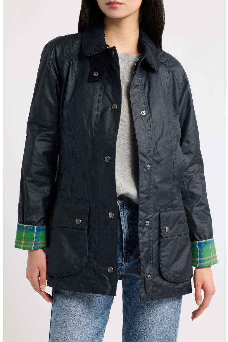 125th Anniversary Beadnell Waxed Cotton Jacket, Main, color, NAVY/ SEATTLE TARTAN