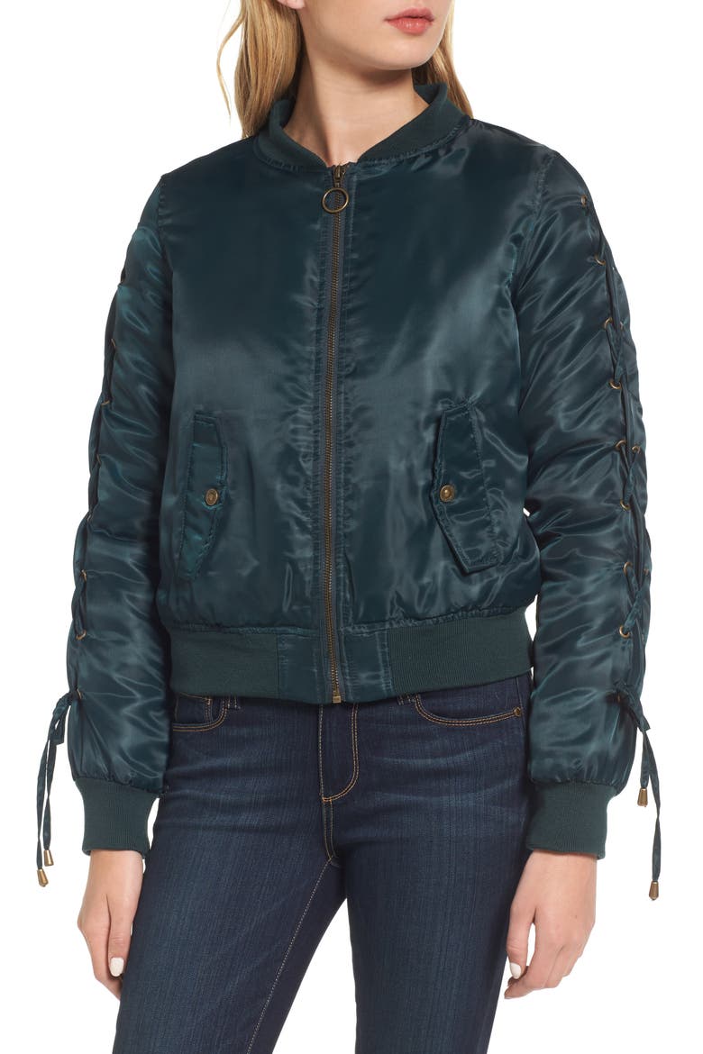 Lace-Up Sleeve Quilted Bomber Jacket, Alternate, color, JADE