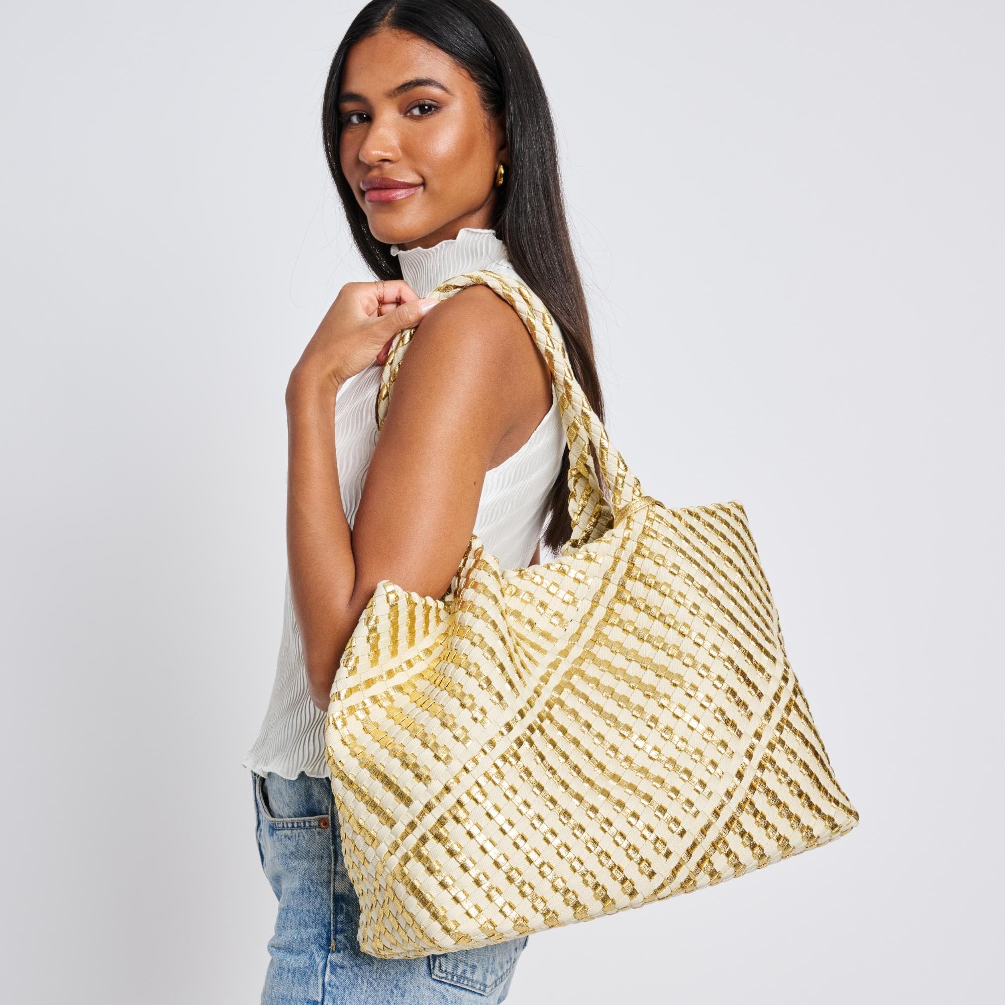 Solana - Mixed Material Tote, Alternate, color, Gold Ivory