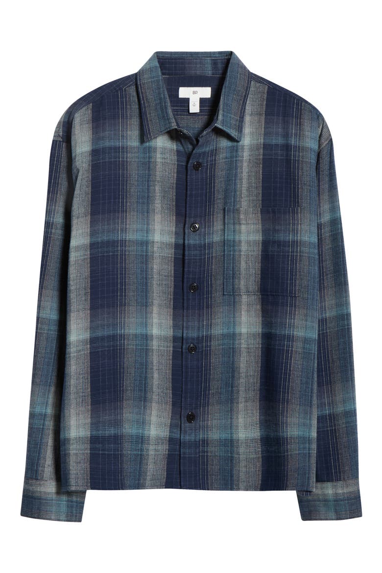 Plaid Boxy Cotton Flannel Button-Up Shirt, Alternate, color, NAVY OMBRE PLAID