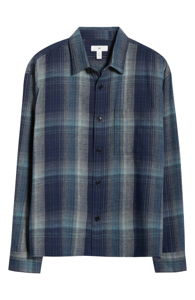 BP. Plaid Boxy Cotton Flannel Button-Up Shirt, Alternate, color, Navy Ombre Plaid
