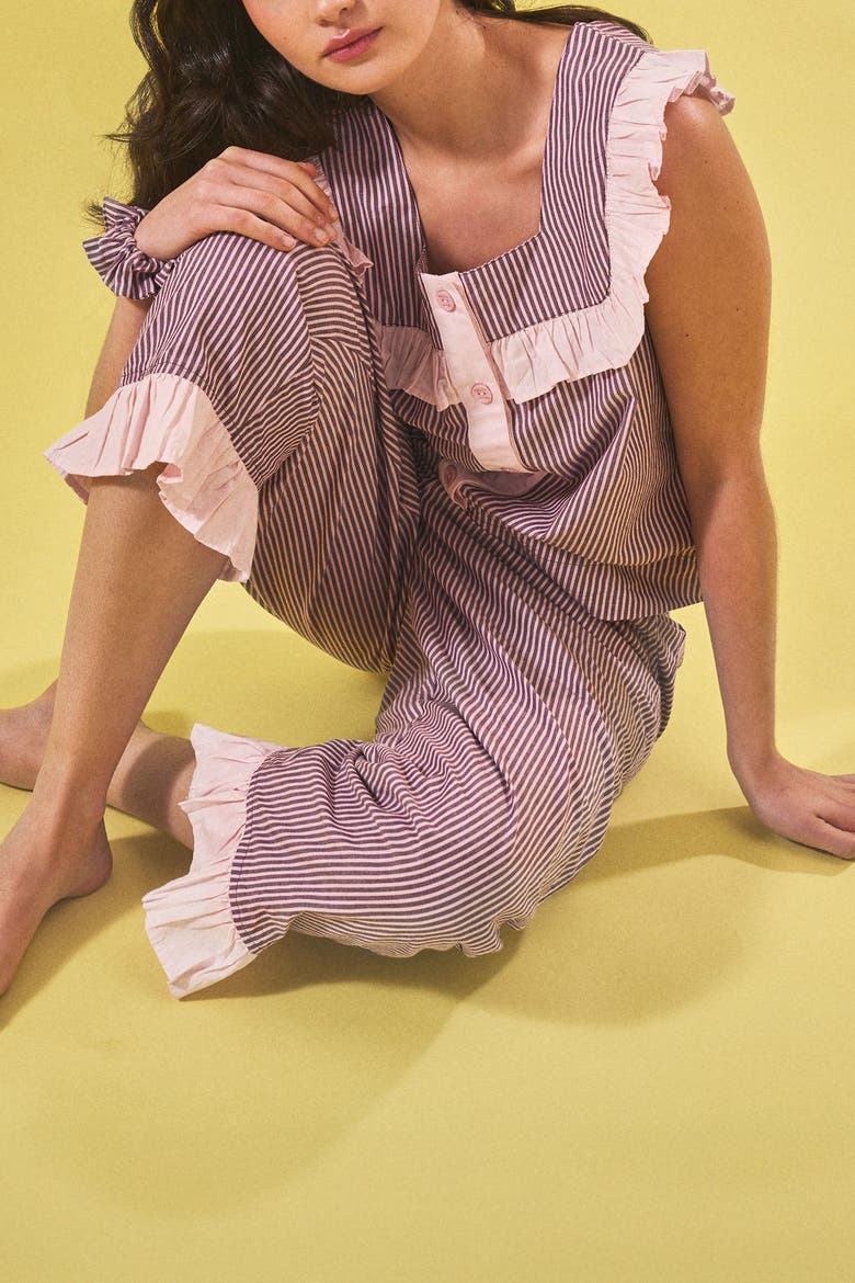 Cotton Ruffle Cropped Pajamas, Alternate, color, Burgundy Stripe Ruffle