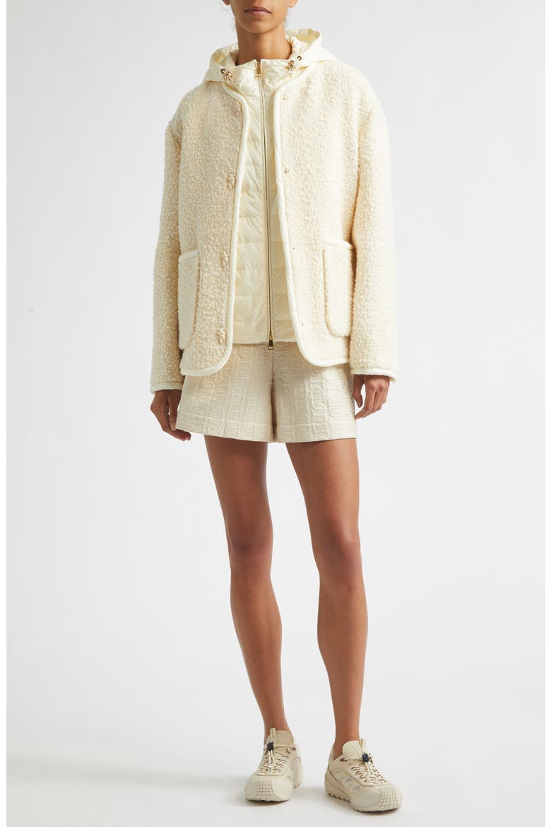 Hylesine Hooded Wool & Cotton Blend Bouclé Coat, Alternate, color, WHITE
