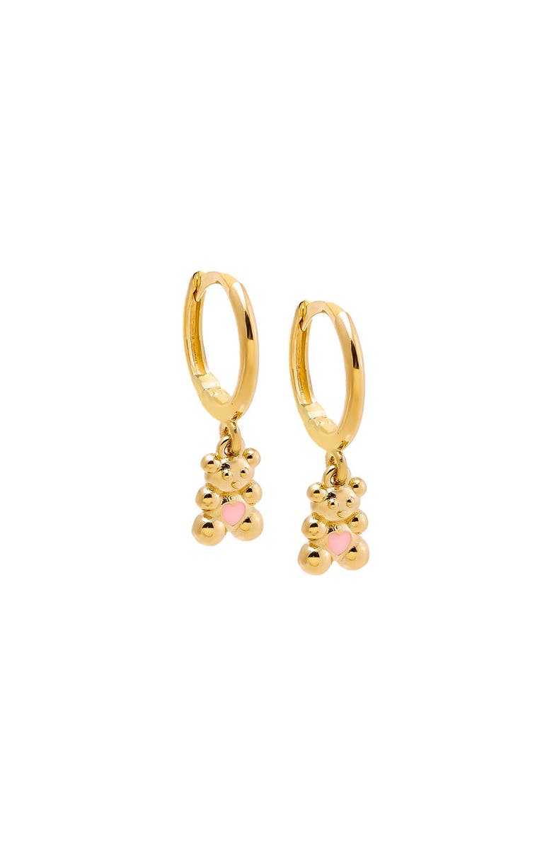BY ADINA EDEN Kids Pink Heart Bear Huggie Earring 14K, Main, color, Light Pink