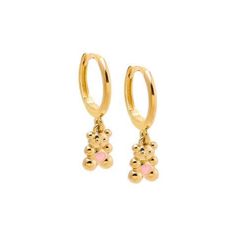 Kids Pink Heart Bear Huggie Earring 14K