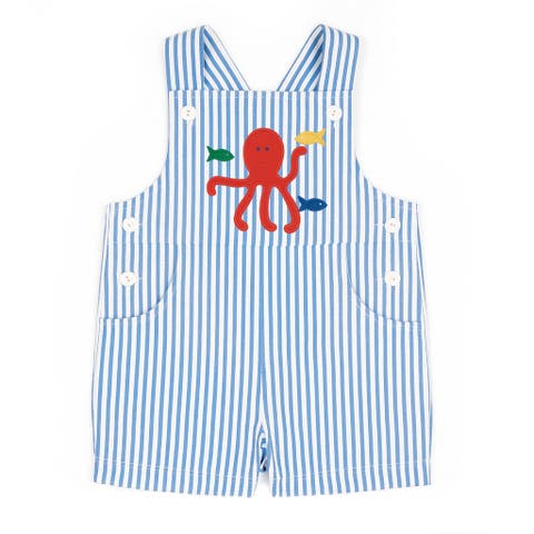 Stripe Seersucker Shortall With Octopus (Baby)