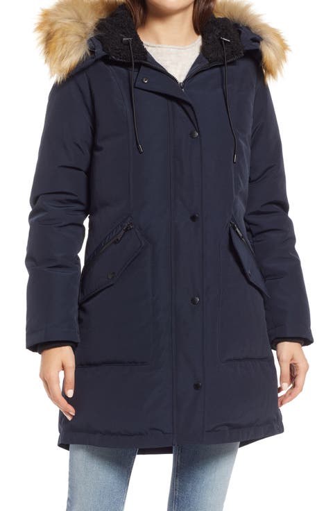 Hooded Down & Feather Fill Parka with Faux Fur Trim