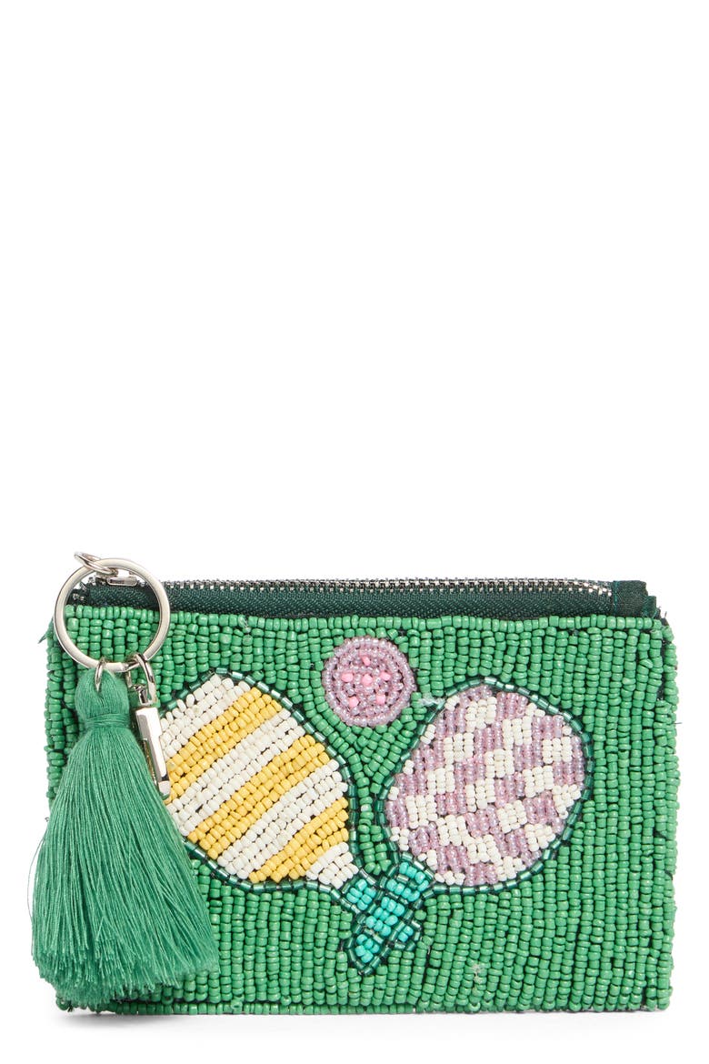Pickle Ball Beaded Coin Pouch, Main, color, GREEN