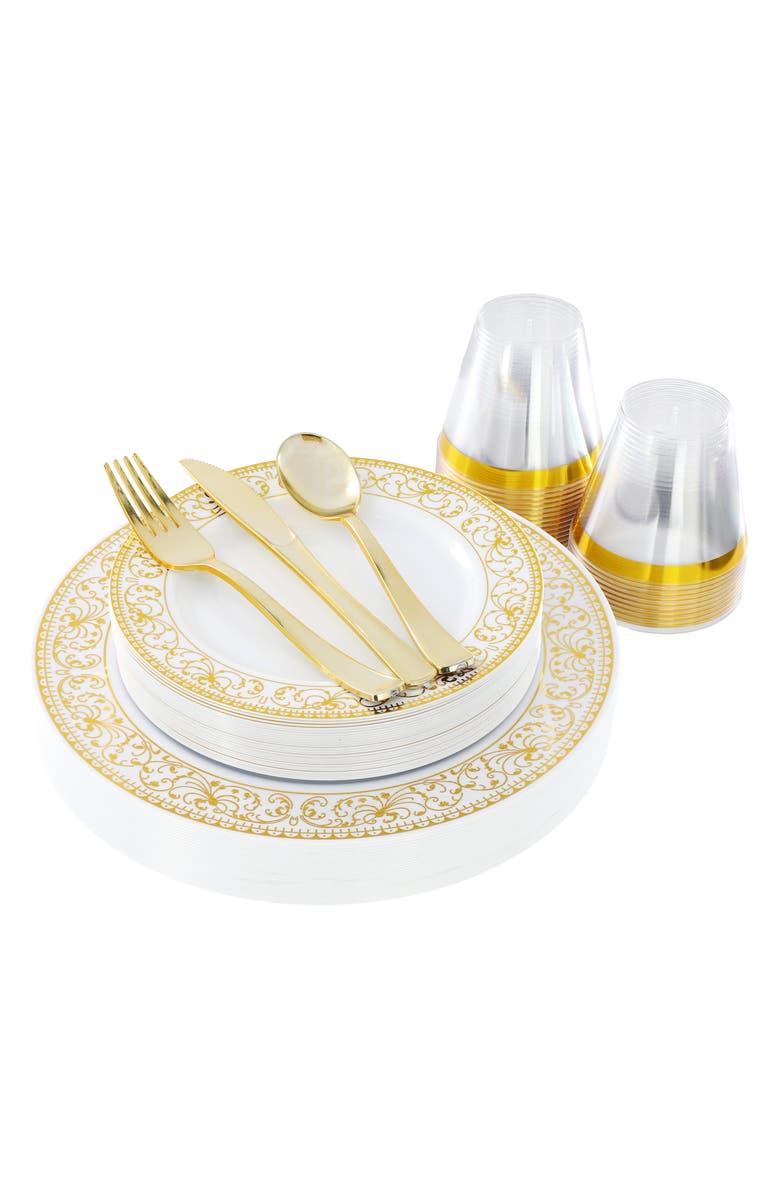 Elama 150 Piece Disposable Plastic Dinnerware Party Set for 25 Guests, Main, color, Gold