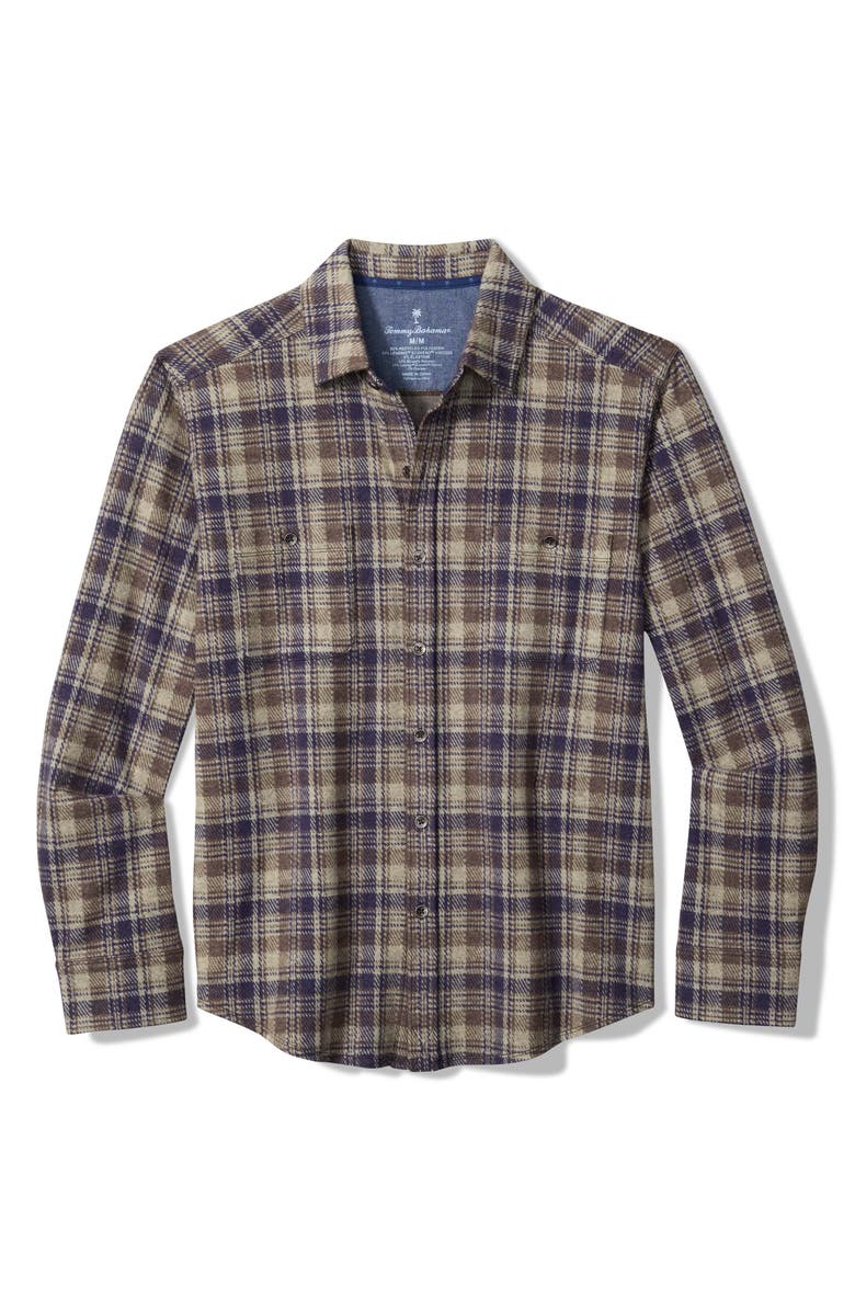 Tommy Bahama Fireside Tahoe Plaid Flannel Button-Up Shirt, Main, color, Abbey Stone