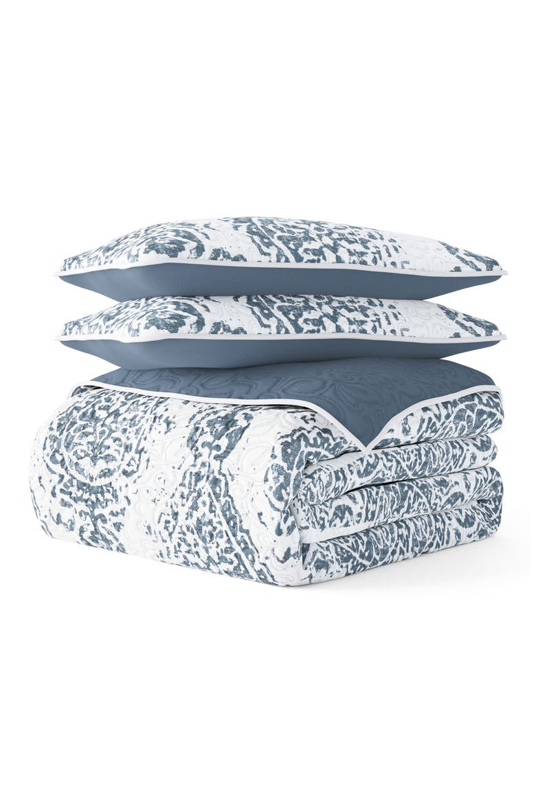 All Season Distressed Damask Reversible Down Alternative Quilt & Sham Set, Main, color, DUSK BLUE